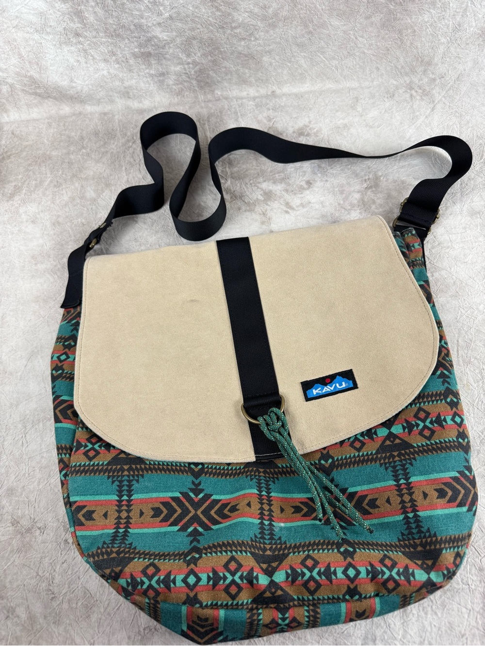 Kavu Teal Aztec Crossbody Bag with Beige Flap
